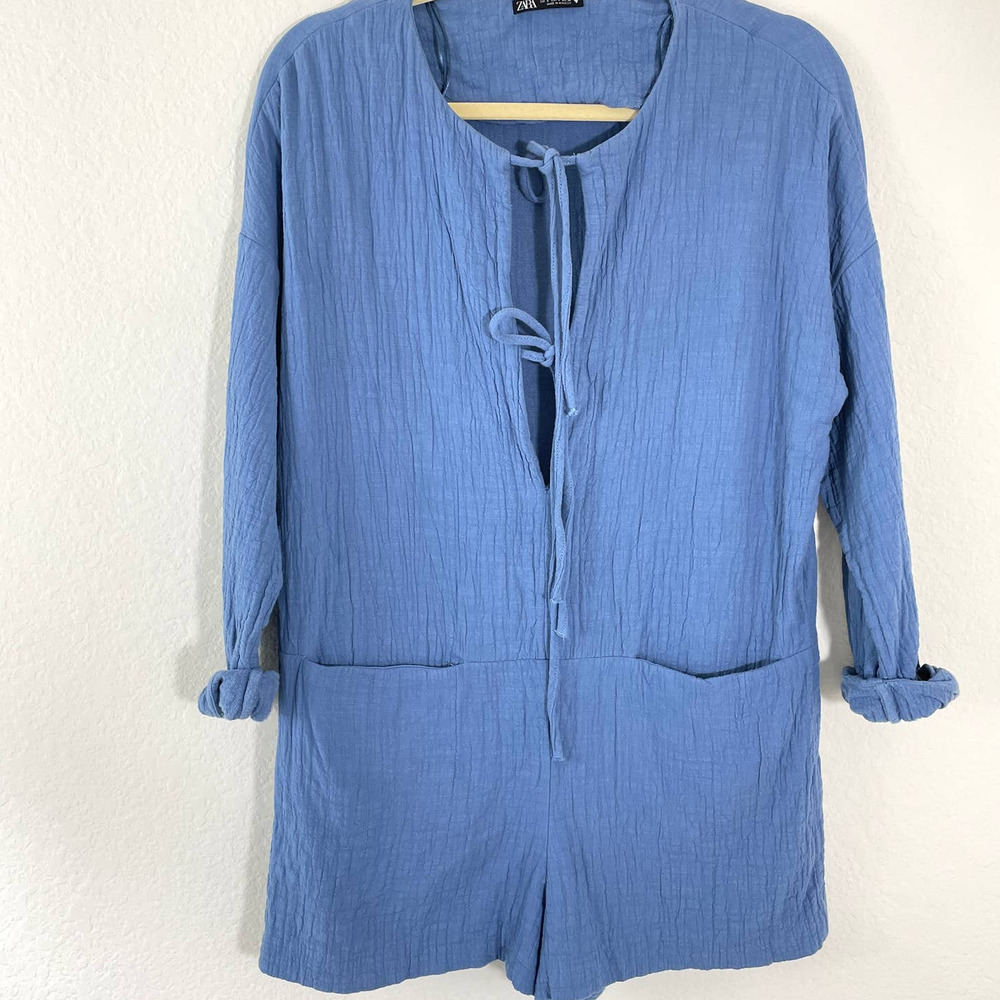 Zara Light Blue Textured Cotton Romper